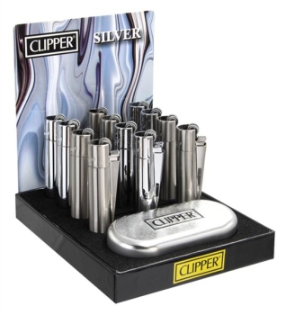 Clipper Feuerzeuge groß 12er Display METALL SILVER